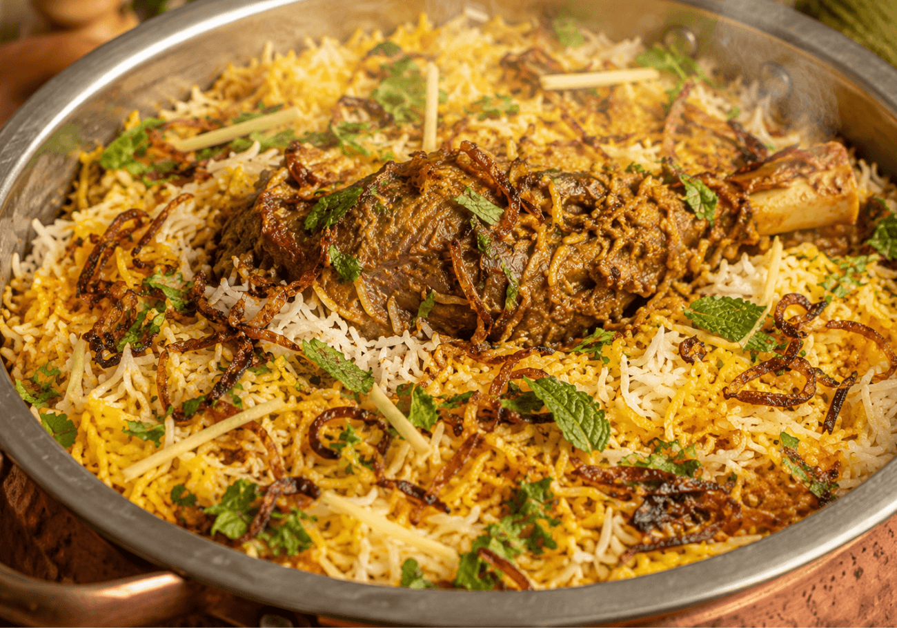 Lamb shank biryani with basmati rice, fried onions and mint