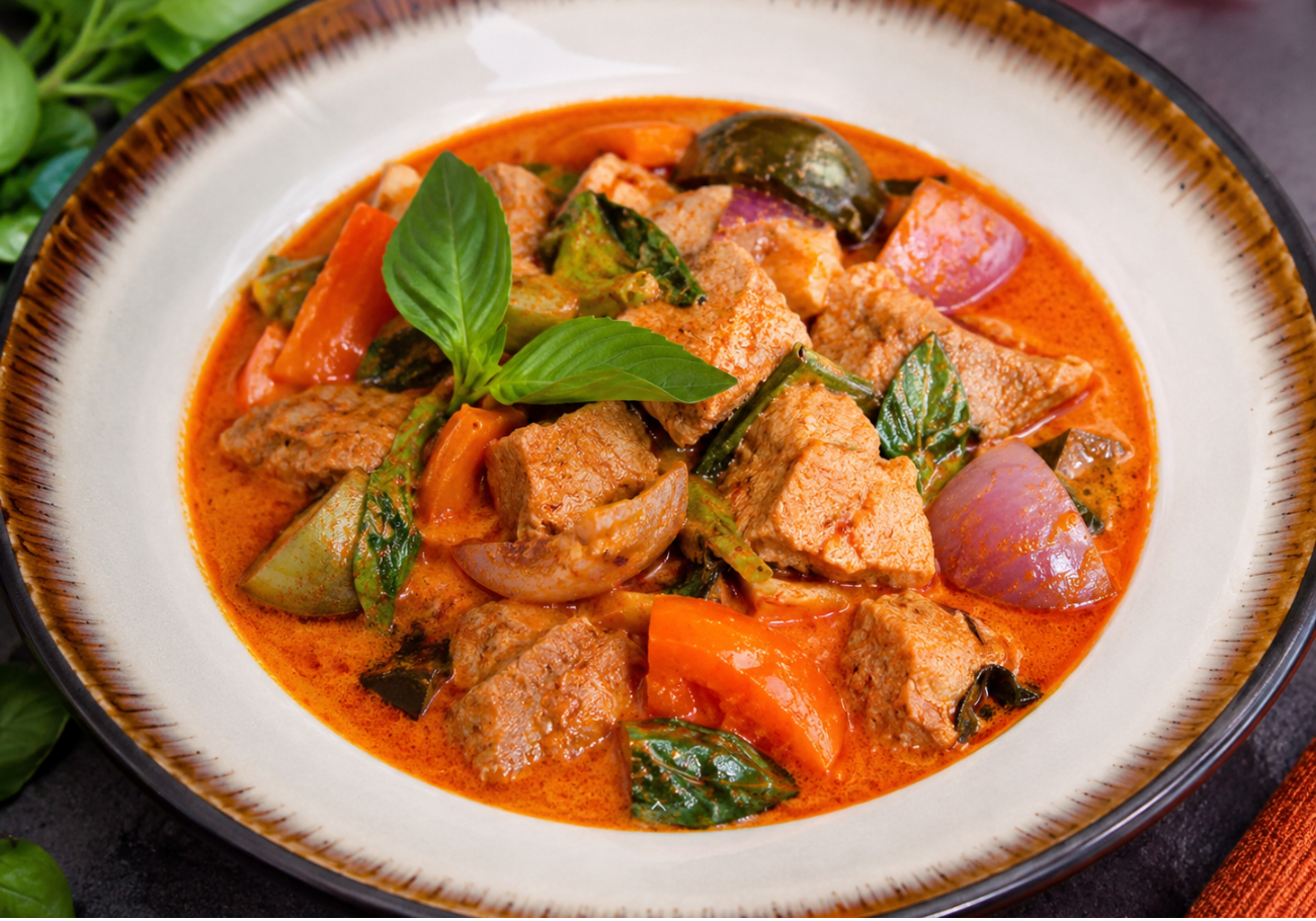 Thai red curry recipe with pork, vegetables and Thai basil