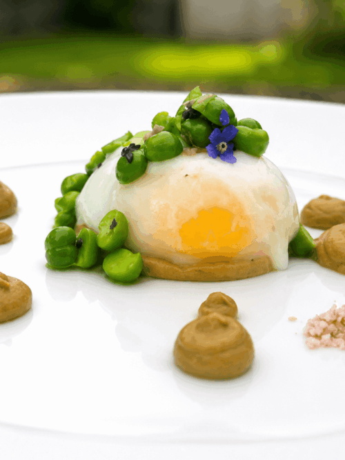 Duck egg recipe with aubergine masala, peas and edible flowers