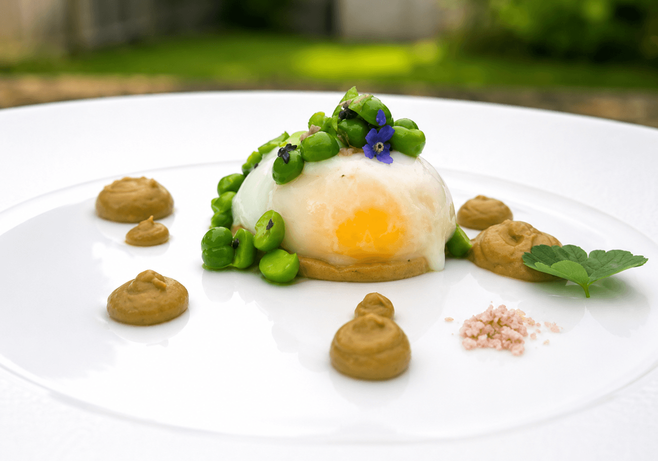 Duck egg recipe with aubergine masala, peas and edible flowers