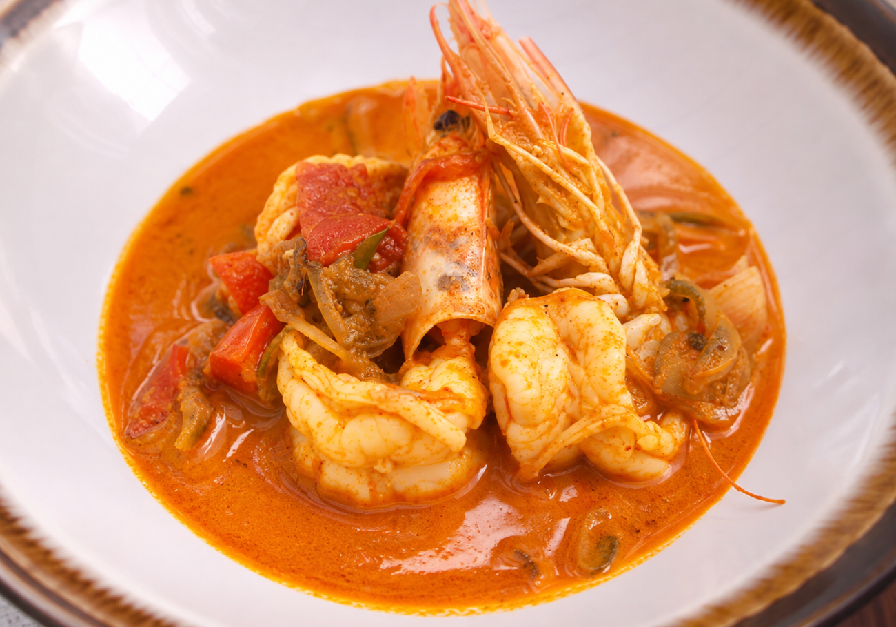 Kerala style prawn curry served in coconut milk sauce