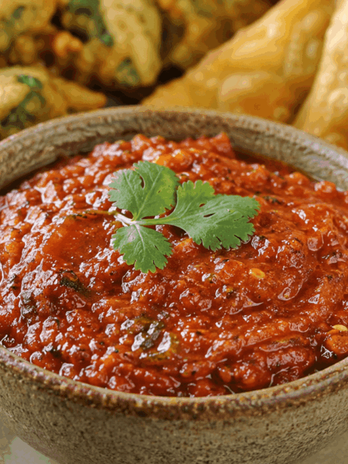 Smoked tomato chutney served with Indian snacks and samosas