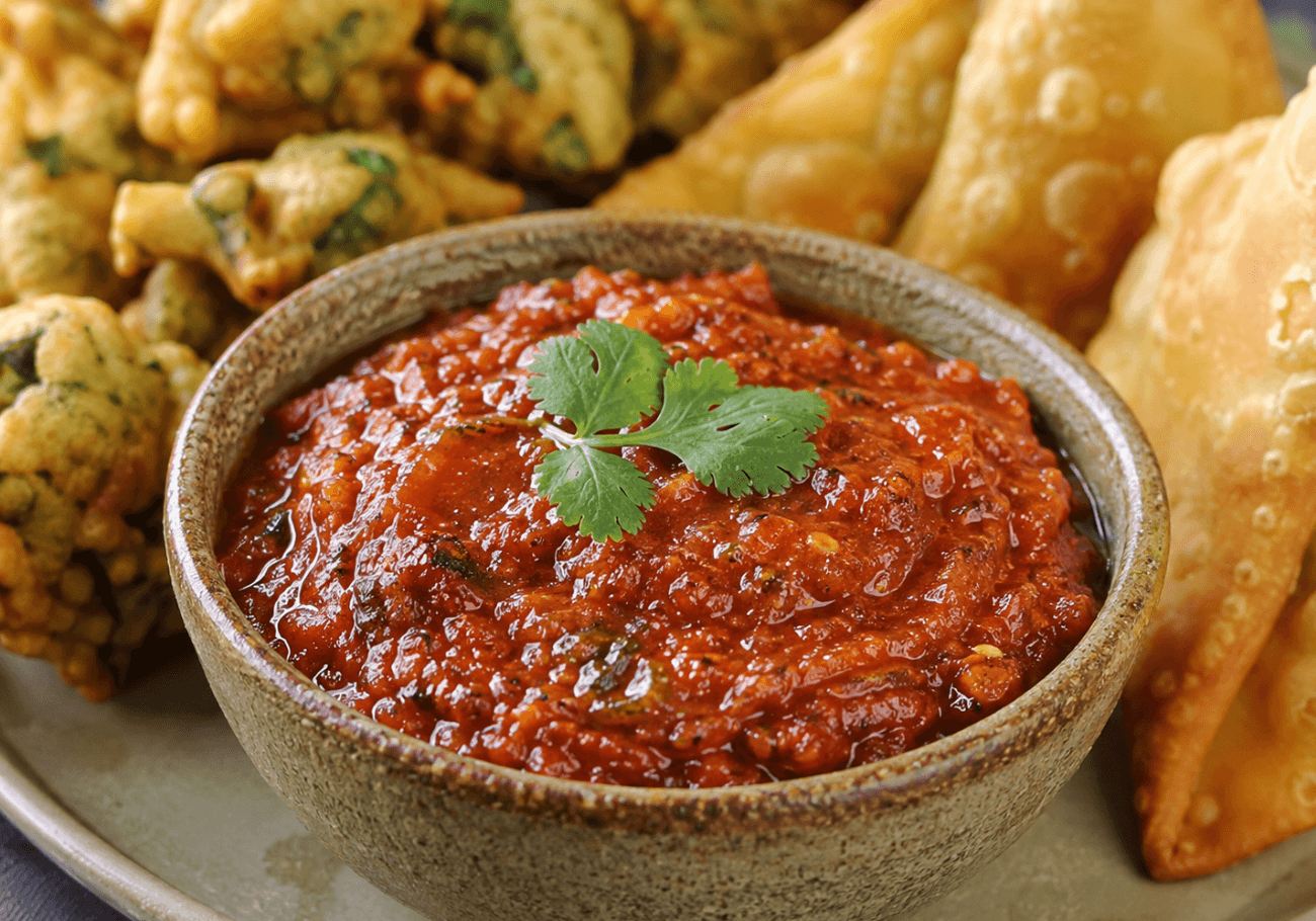 Smoked tomato chutney served with Indian snacks and samosas