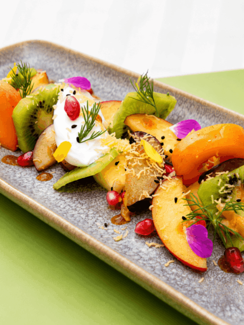 Fine dining fruit chaat recipe with mango kiwi yogurt and pomegranate