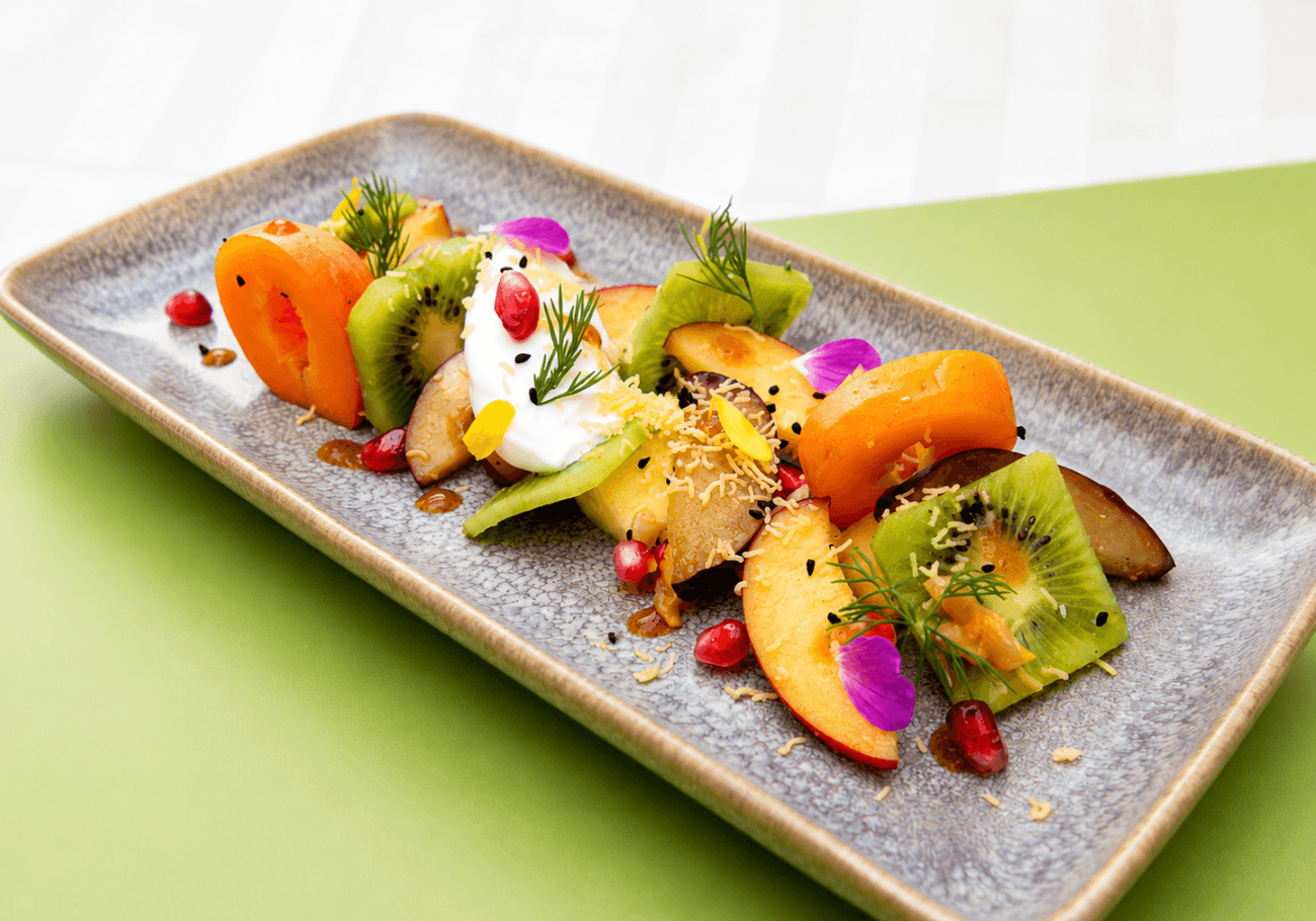 Fine dining fruit chaat recipe with mango kiwi yogurt and pomegranate