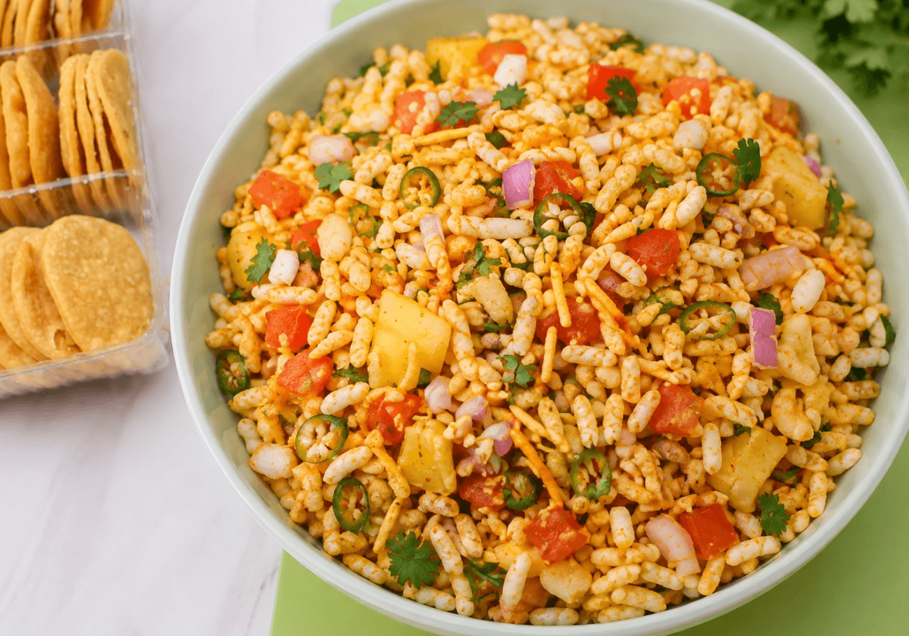 Bhel puri mixture with puffed rice, onion, tomato, potato and green chilli