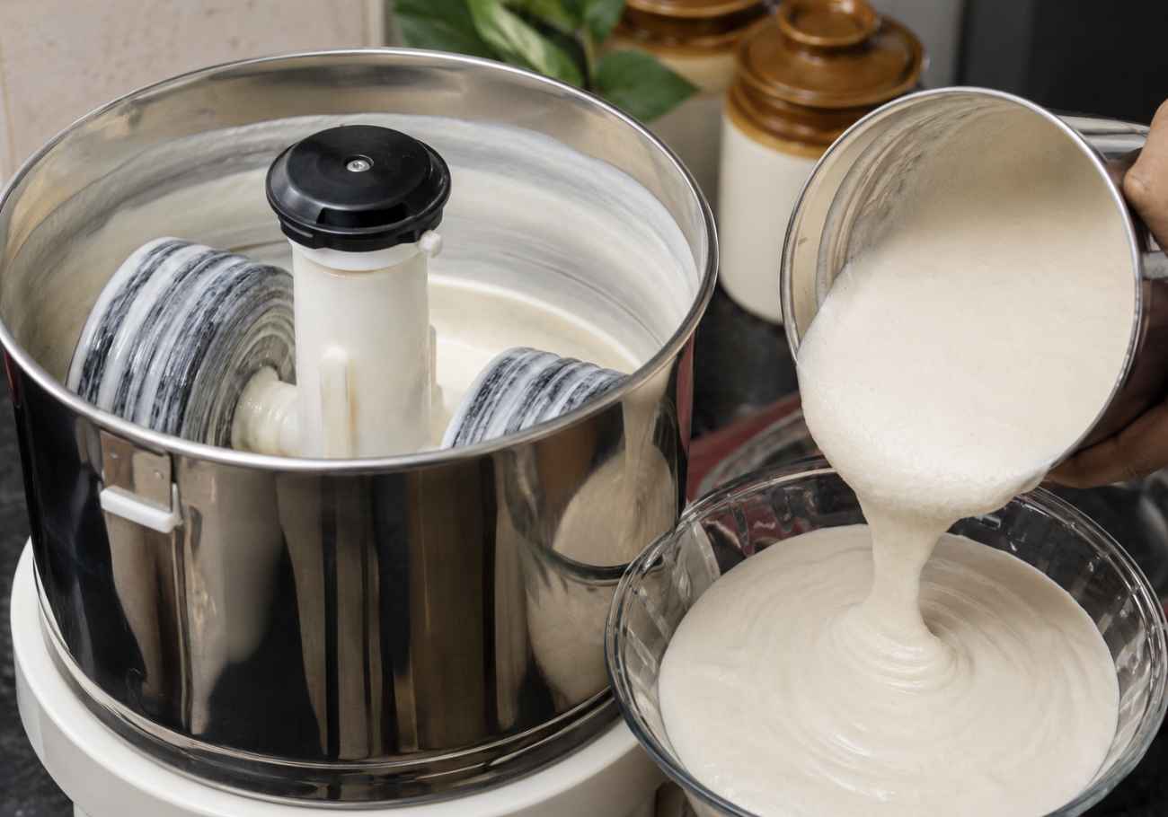 Smooth idli batter being ground for homemade idli recipe