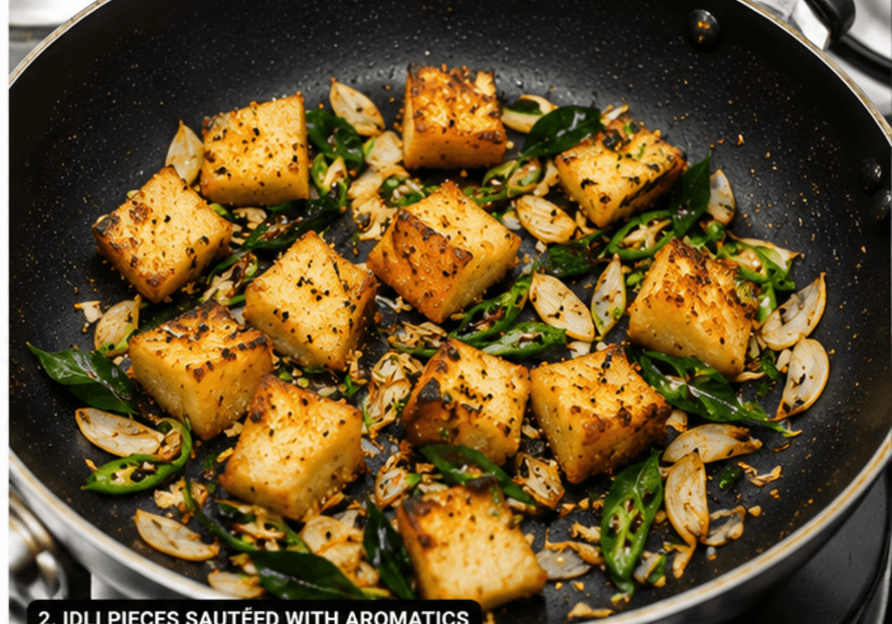 South Indian idli recipe sautéed with garlic, curry leaves and spices