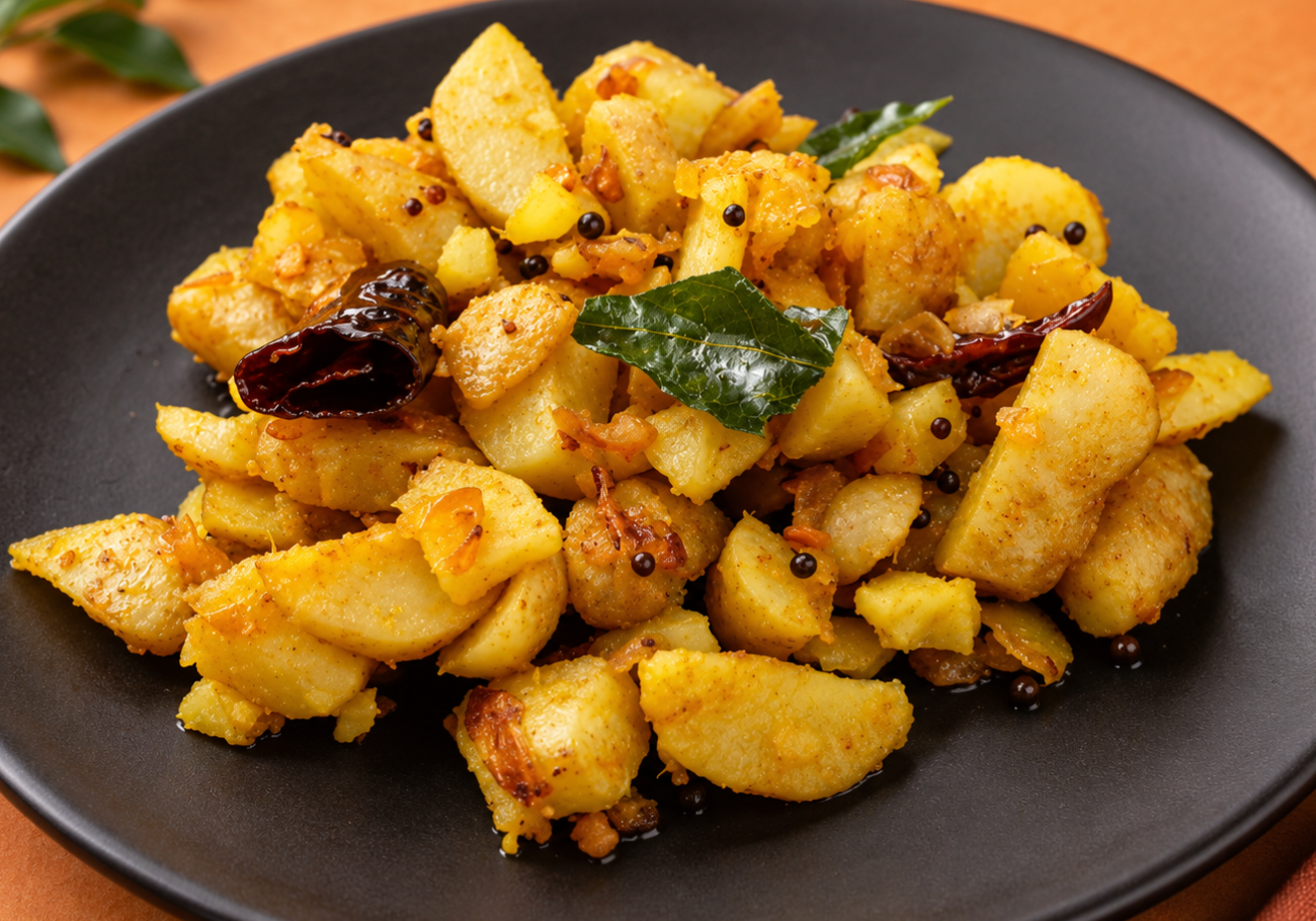 Chinese potato recipe Kerala koorka mezhukkupuratti with curry leaves and spices