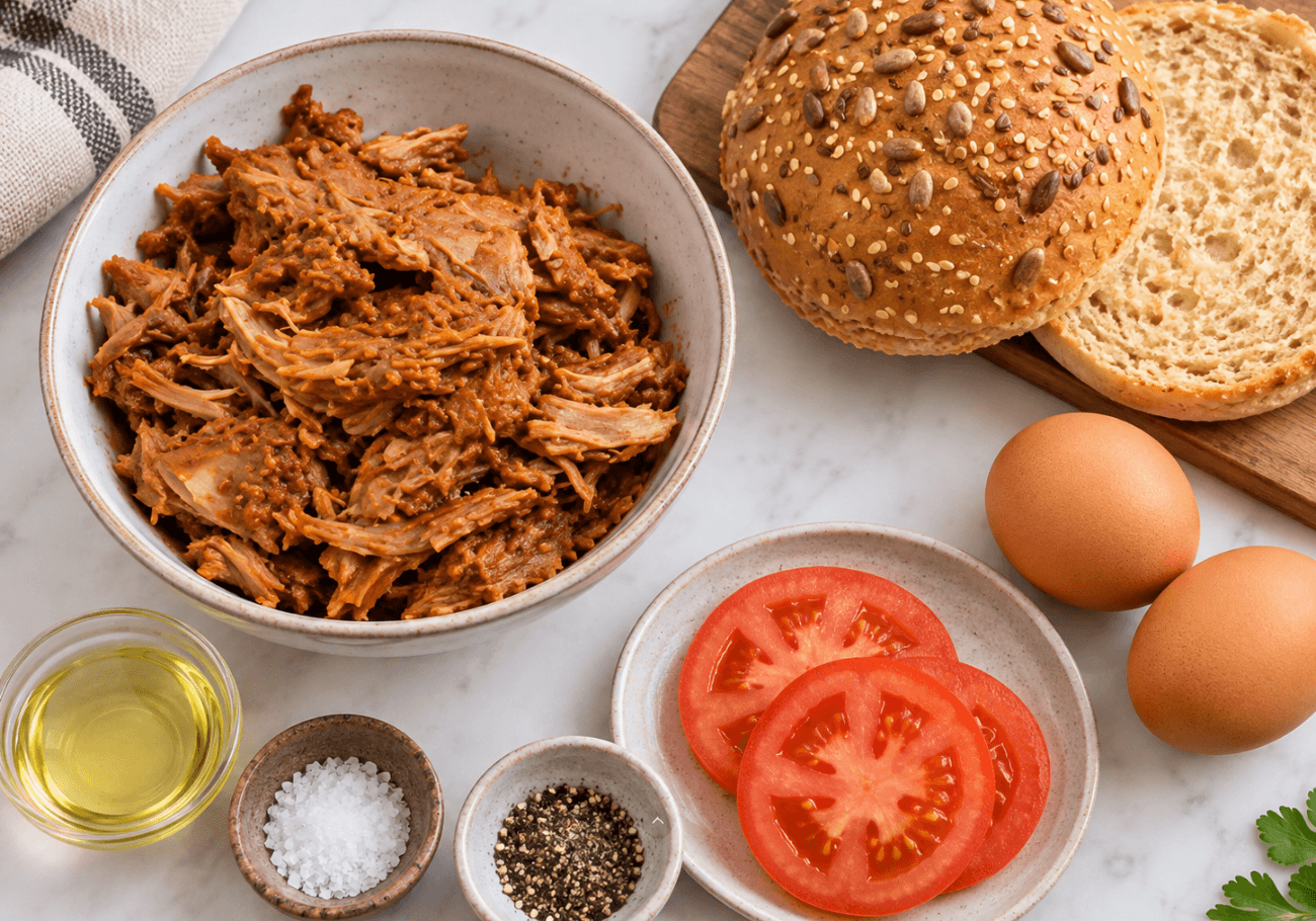Ingredients for leftover duck recipe with shredded duck, bread, eggs and tomato
