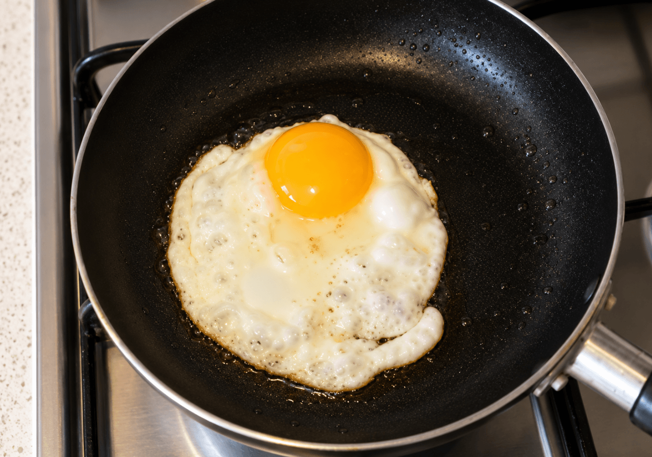 Fried egg cooking in pan for duck breakfast sandwich recipe