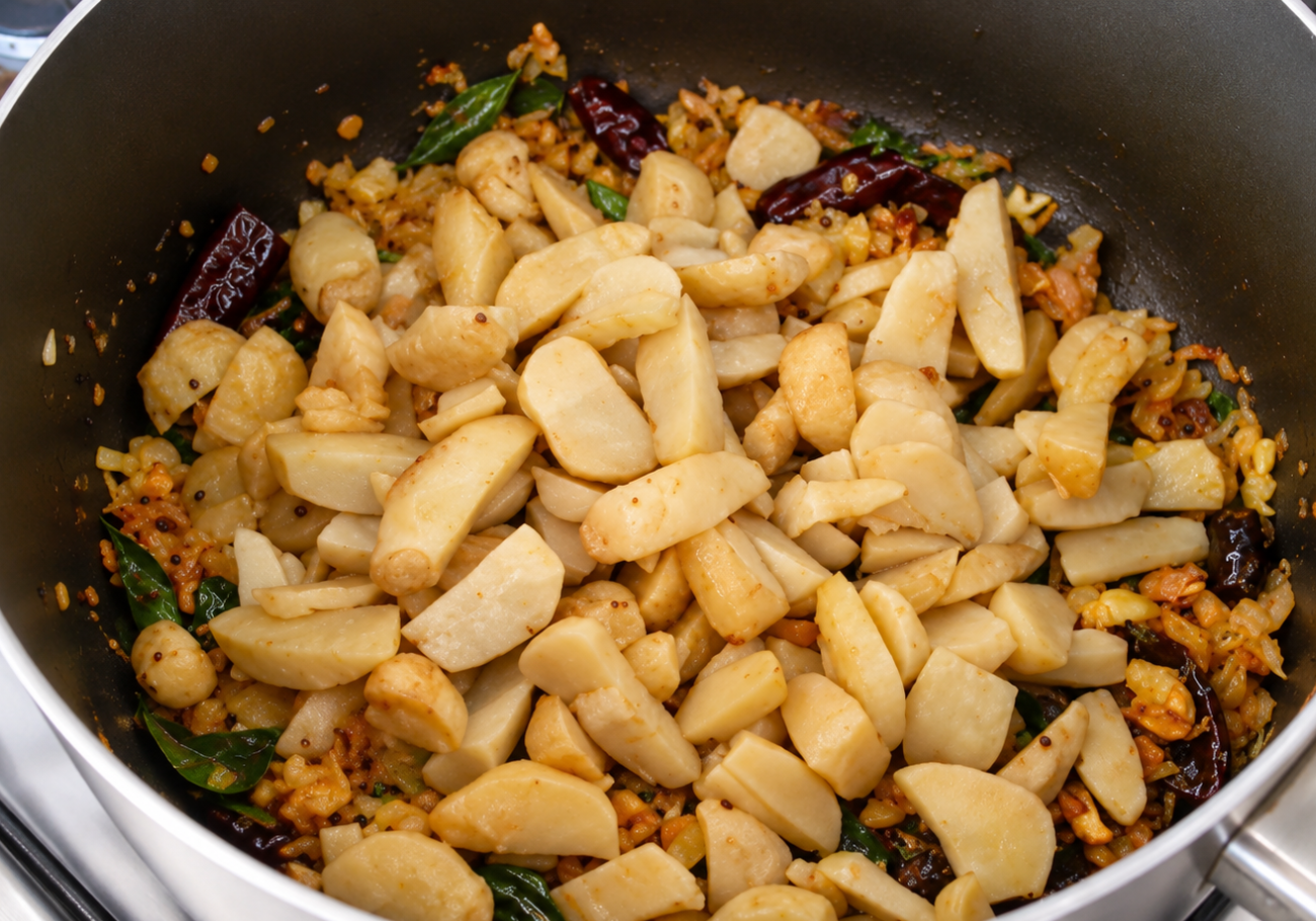 Koorka recipe cooking with shallots curry leaves and dried chilli