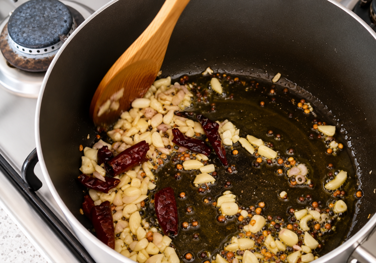 Mustard seeds garlic and dried red chilli tempering for Chinese potato recipe