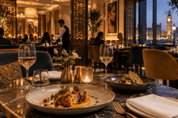 Modern Indian restaurant in London with fine dining tables and contemporary Indian dishes
