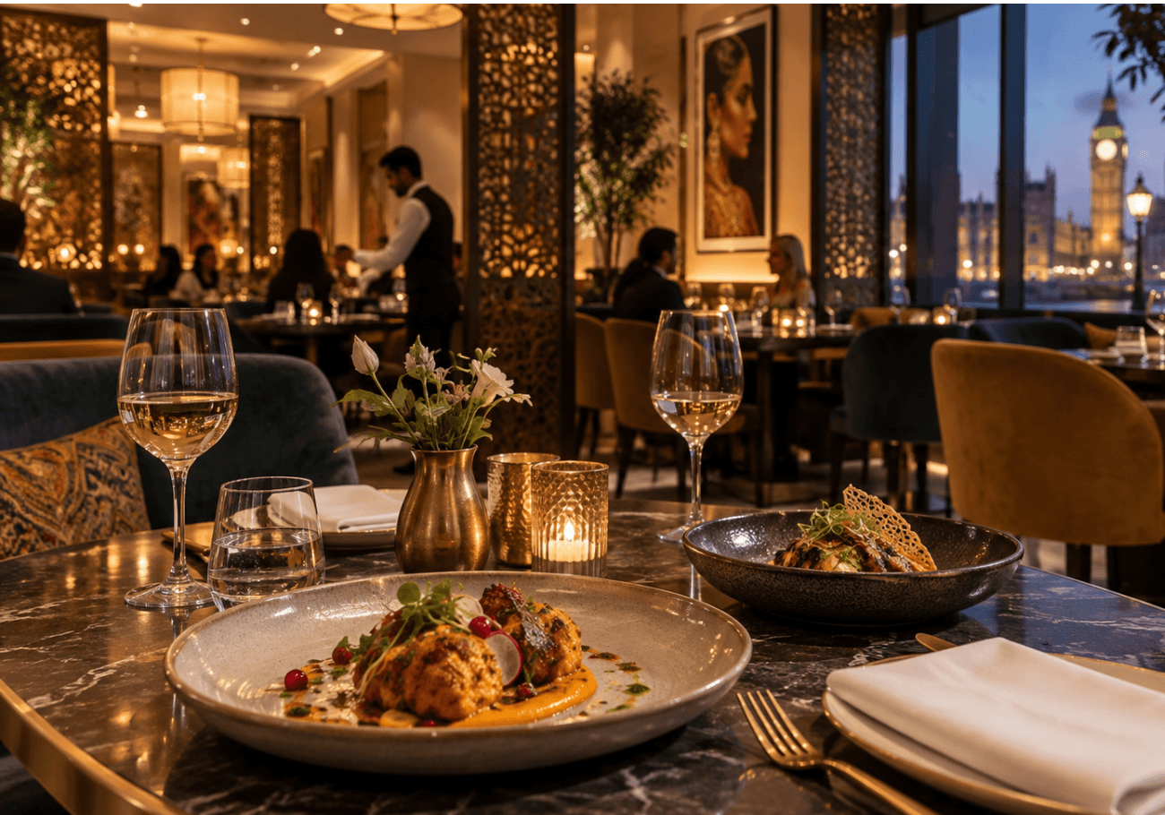 Modern Indian restaurant in London with fine dining tables and contemporary Indian dishes