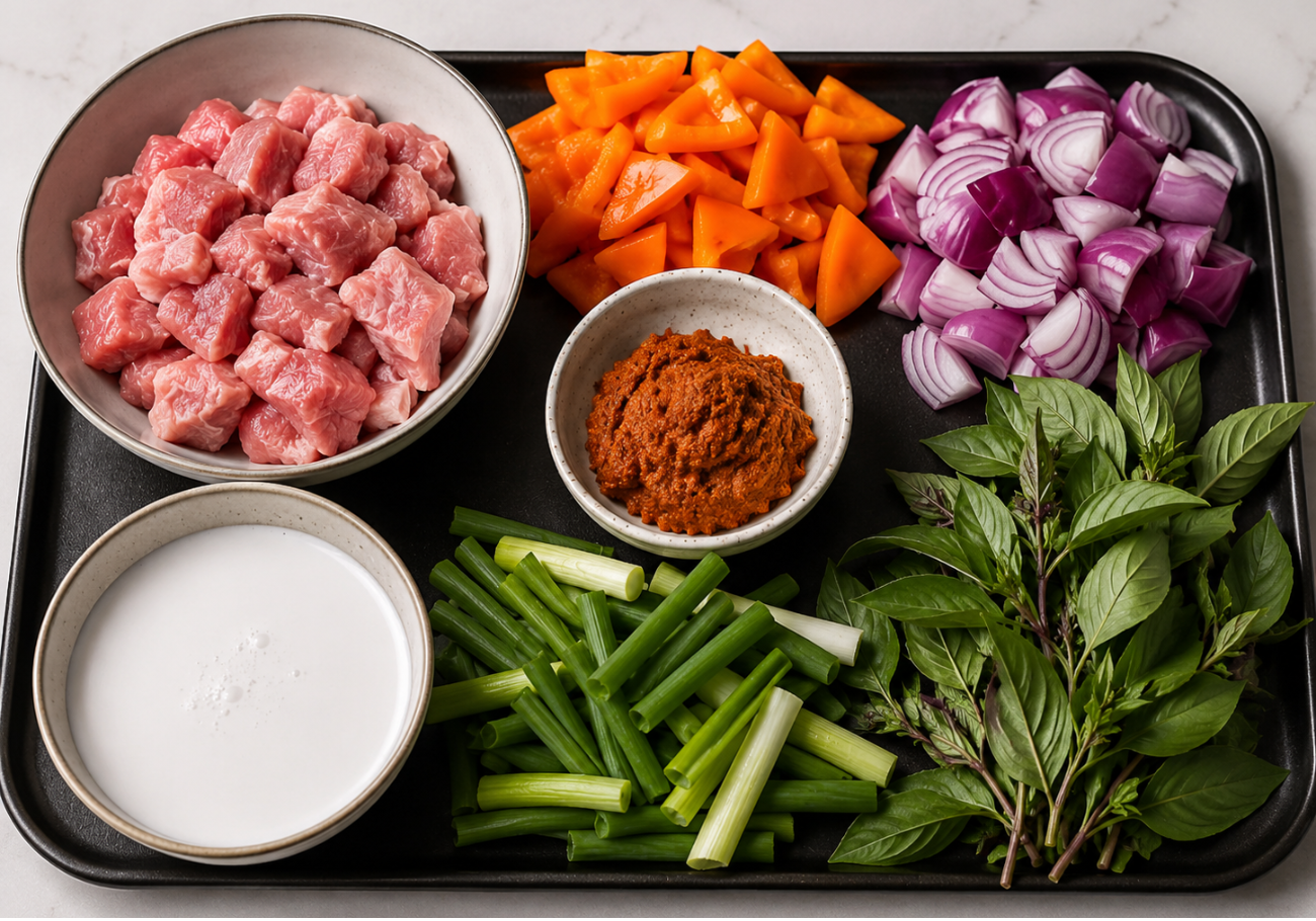 Ingredients for Thai red curry recipe with pork, coconut milk and Thai basil