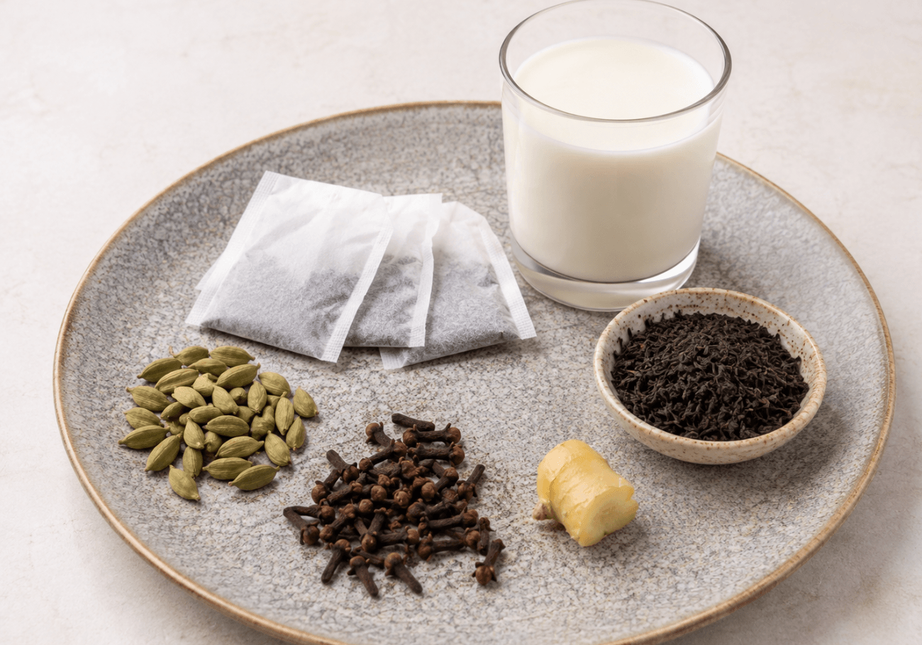Ingredients for Indian masala tea recipe including milk, tea, cardamom, cloves and ginger
