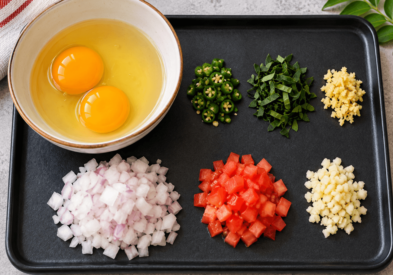 Indian masala omelette recipe with onion tomato green chilli and curry leaves