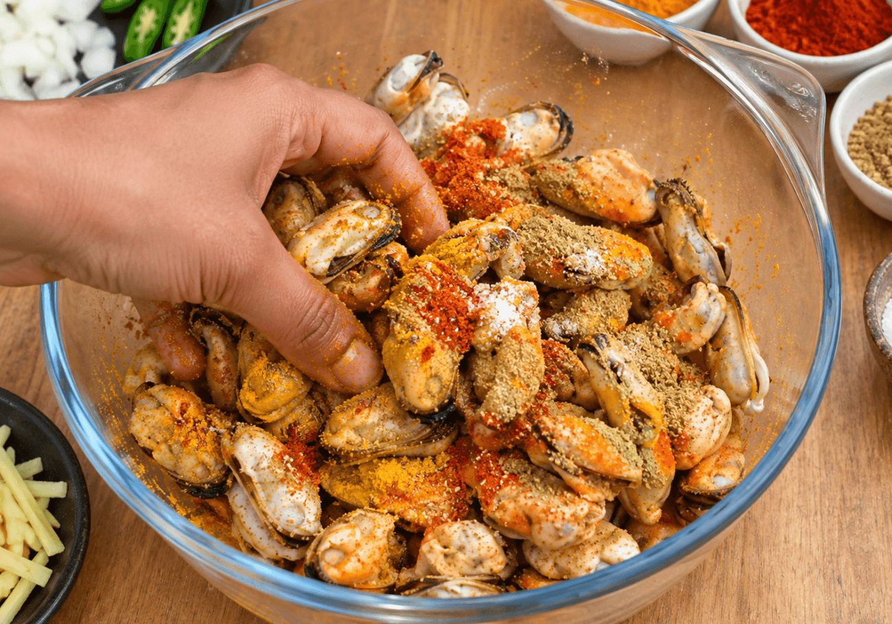 Fresh mussels marinated with turmeric chilli coriander and fennel for mussels curry recipe