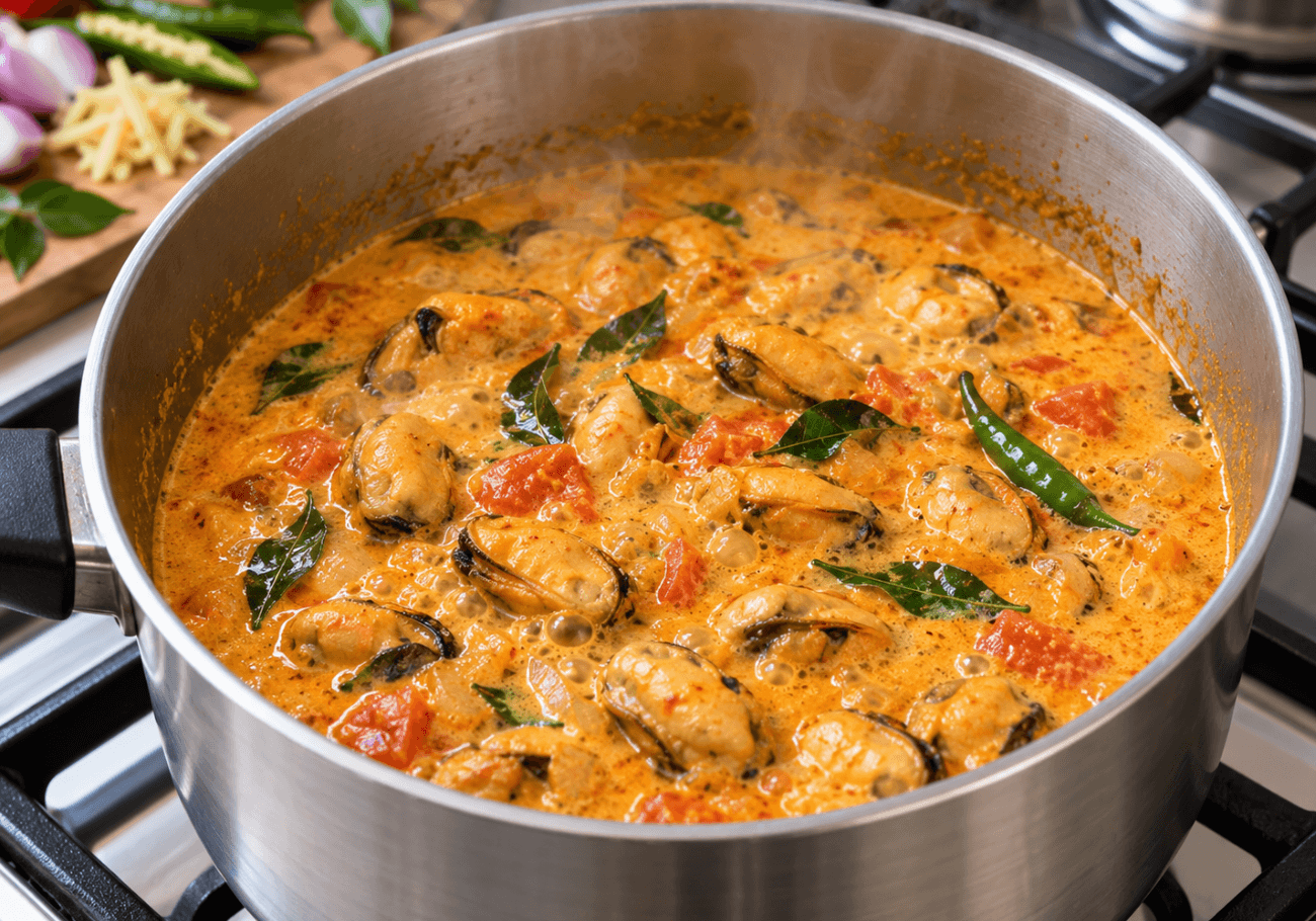 Curried mussels in Kerala coconut milk curry with curry leaves and tomato