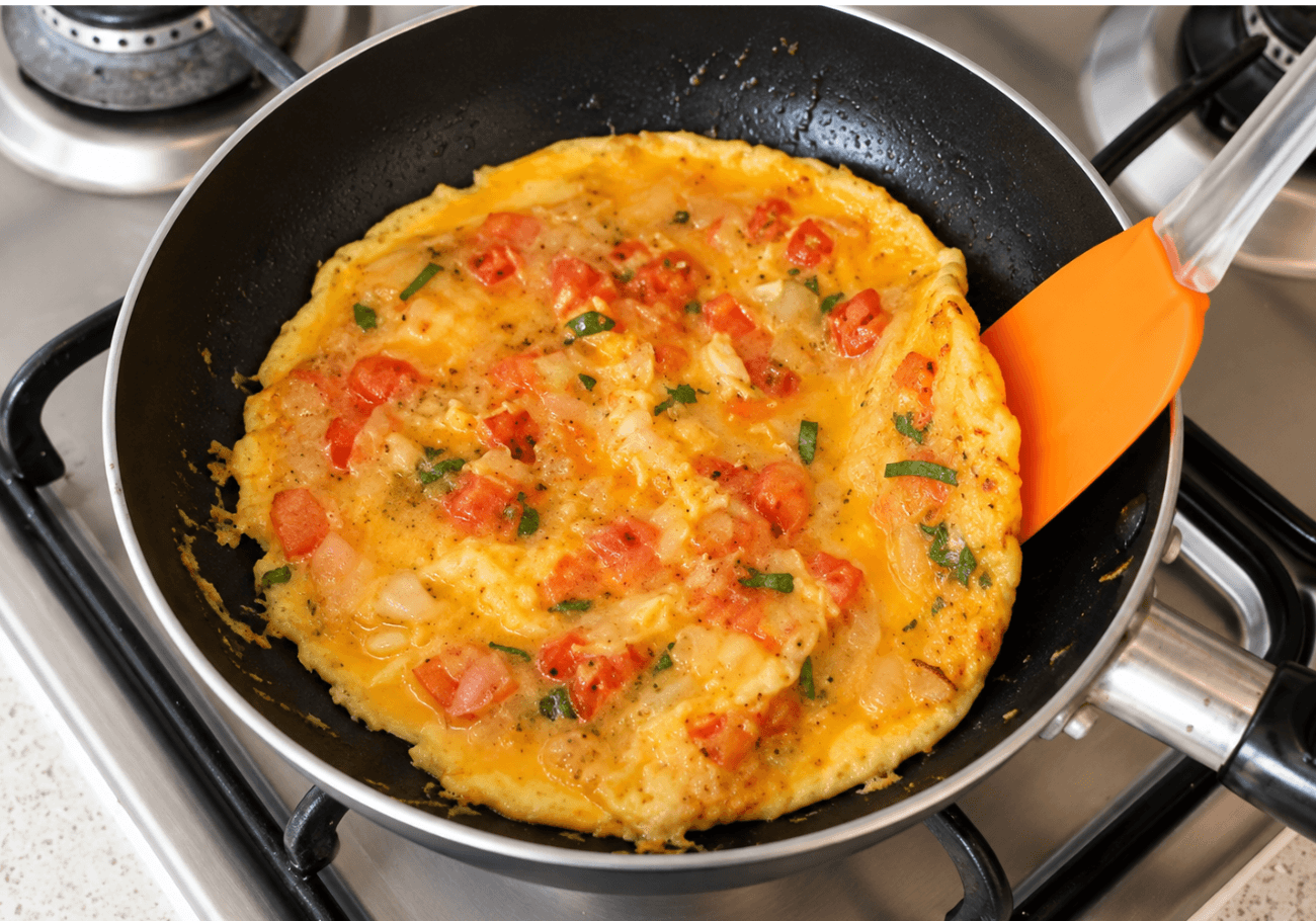Masala omelette cooking in pan with tomato onion and herbs