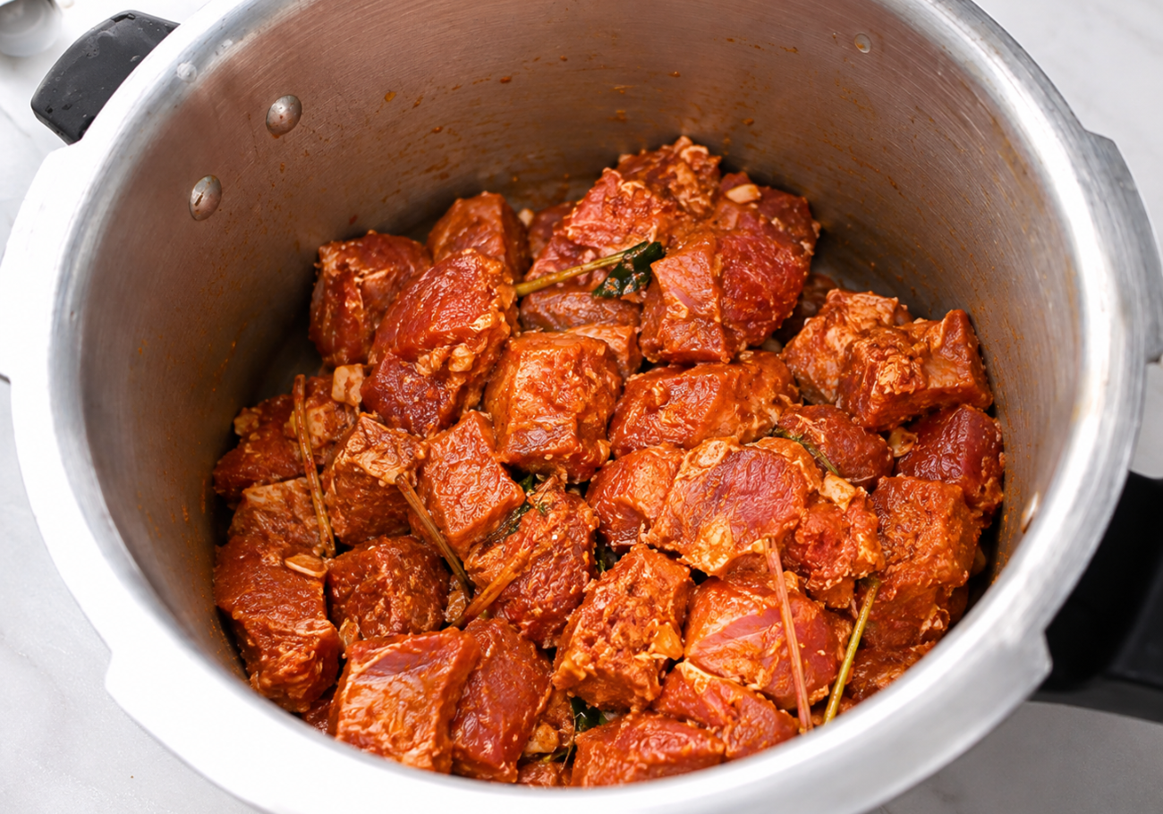 ook the marinated pork shoulder until tender before adding it to the red curry sauce.