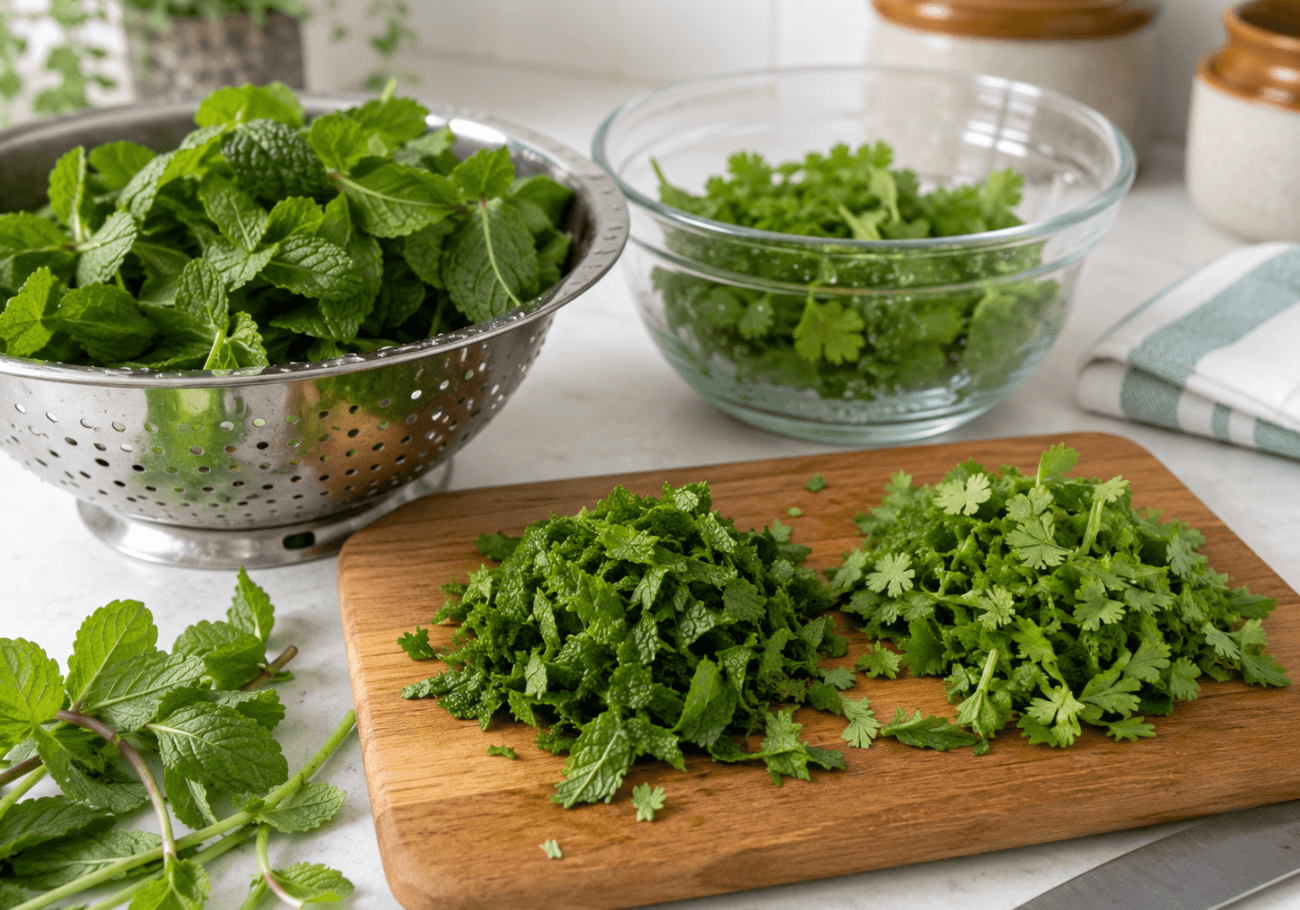 Fresh mint and coriander prepared for mint chutney recipe