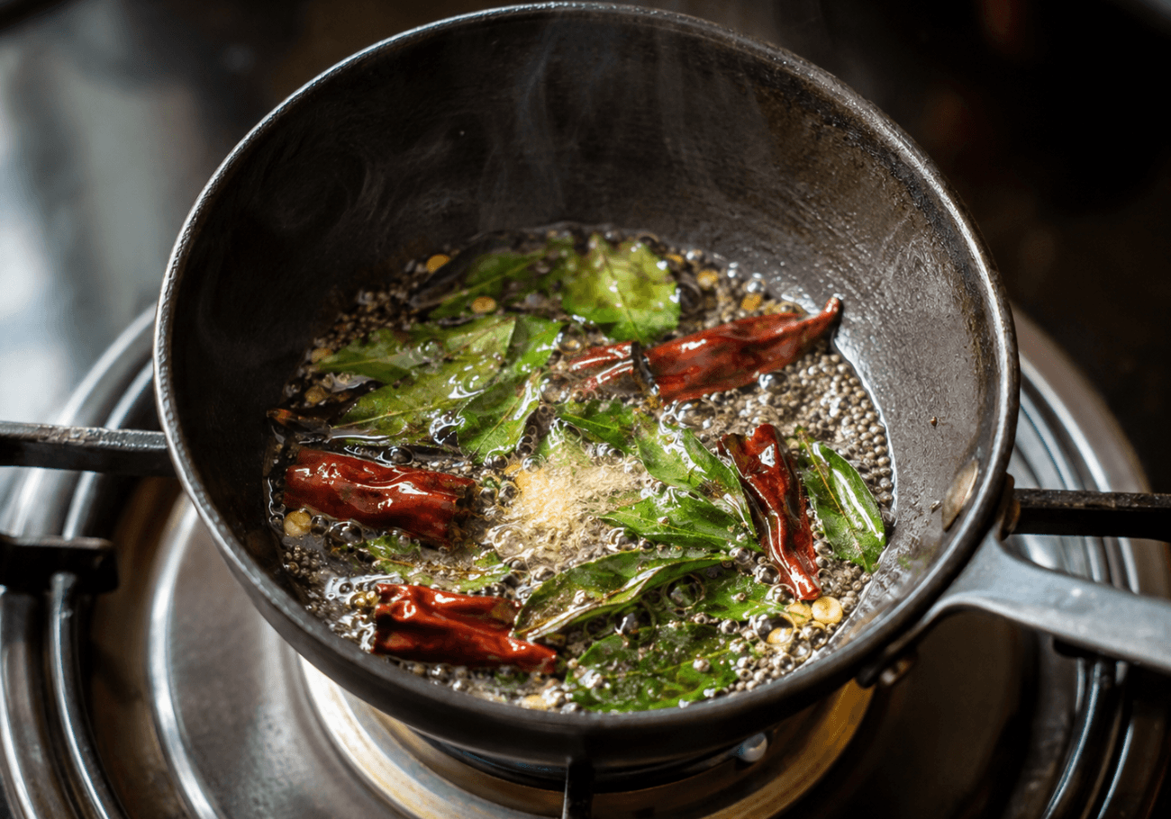 Mustard seeds curry leaves and red chilli tempering for South Indian sambar