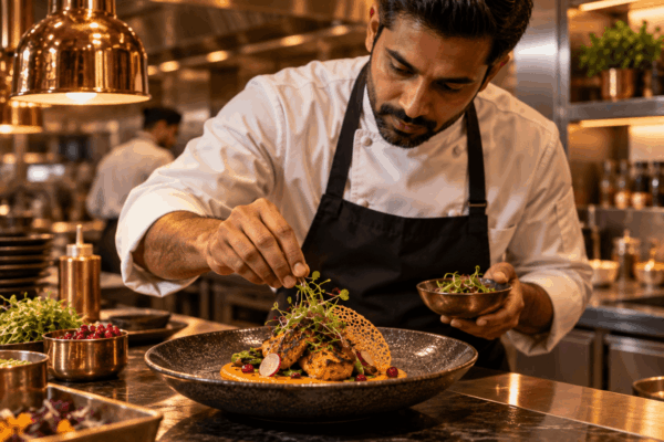 Chef plating a modern Indian dish in a professional restaurant kitchen