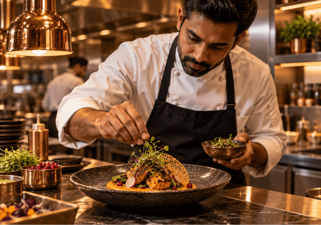 Chef plating a modern Indian dish in a professional restaurant kitchen