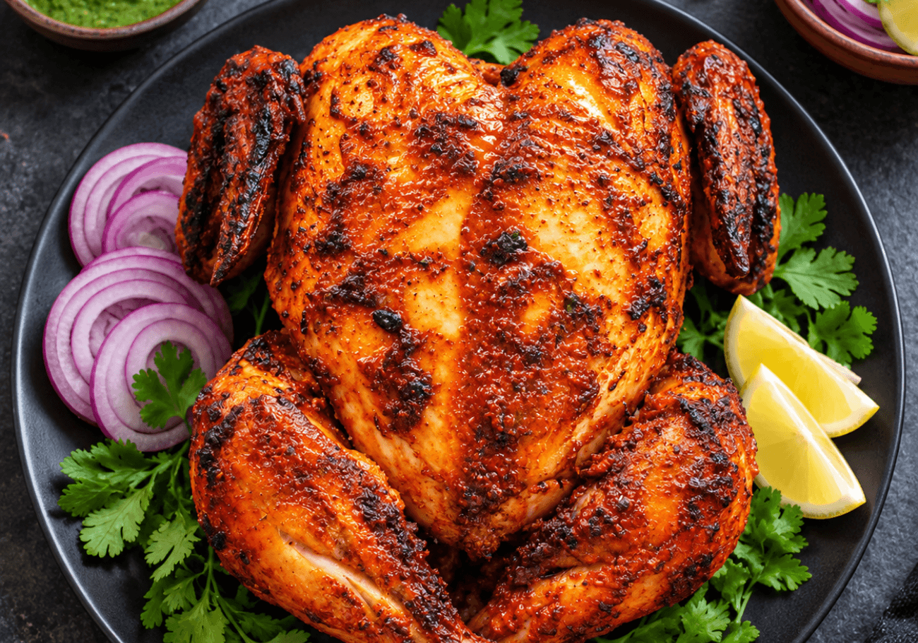 Restaurant style whole tandoori chicken plated with coriander, onion rings, and lemon wedges.