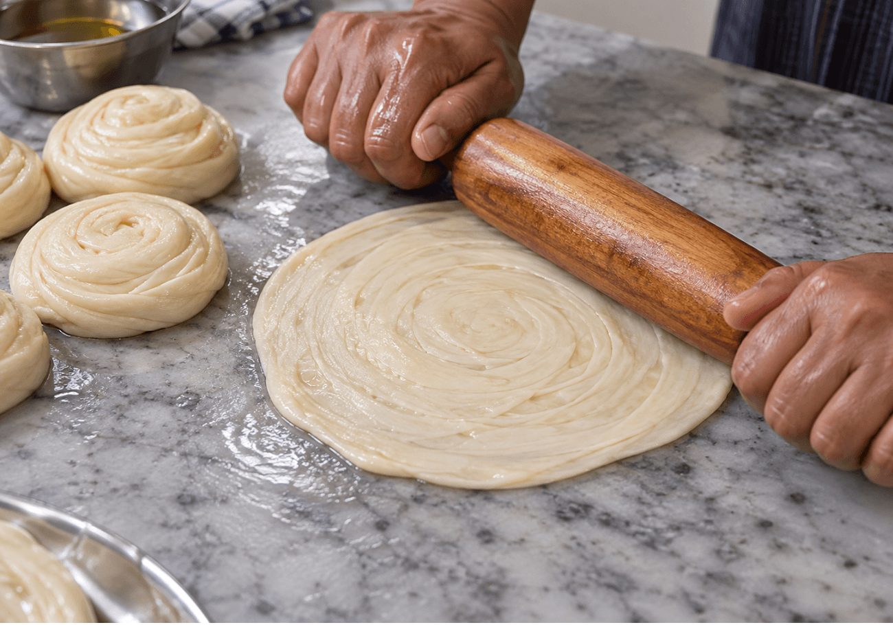 Rolling pin flattening a spiral parotta dough ball into a round layered bread on a marble worktop.
