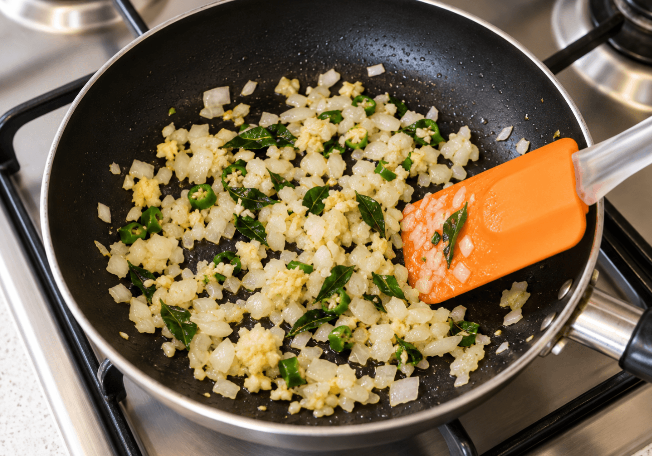 Onion green chilli curry leaves ginger and garlic sautéing for masala omelette recipe
