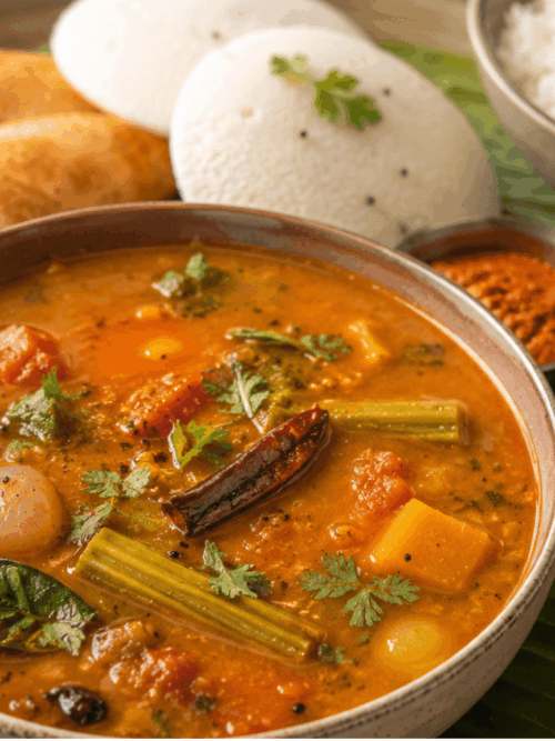 South Indian sambar recipe served with idli dosa and rice