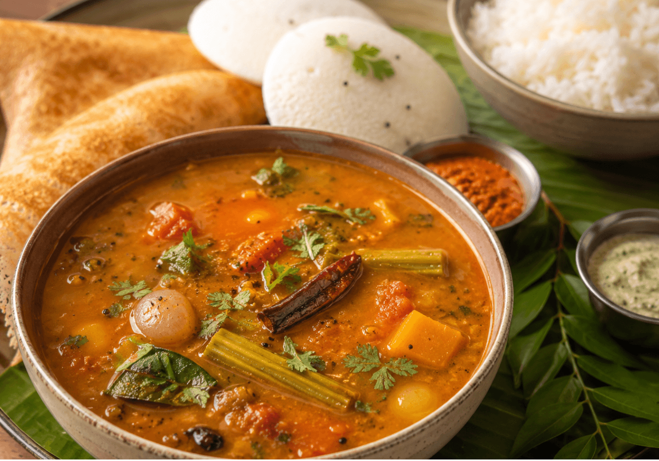 South Indian sambar recipe served with idli dosa and rice
