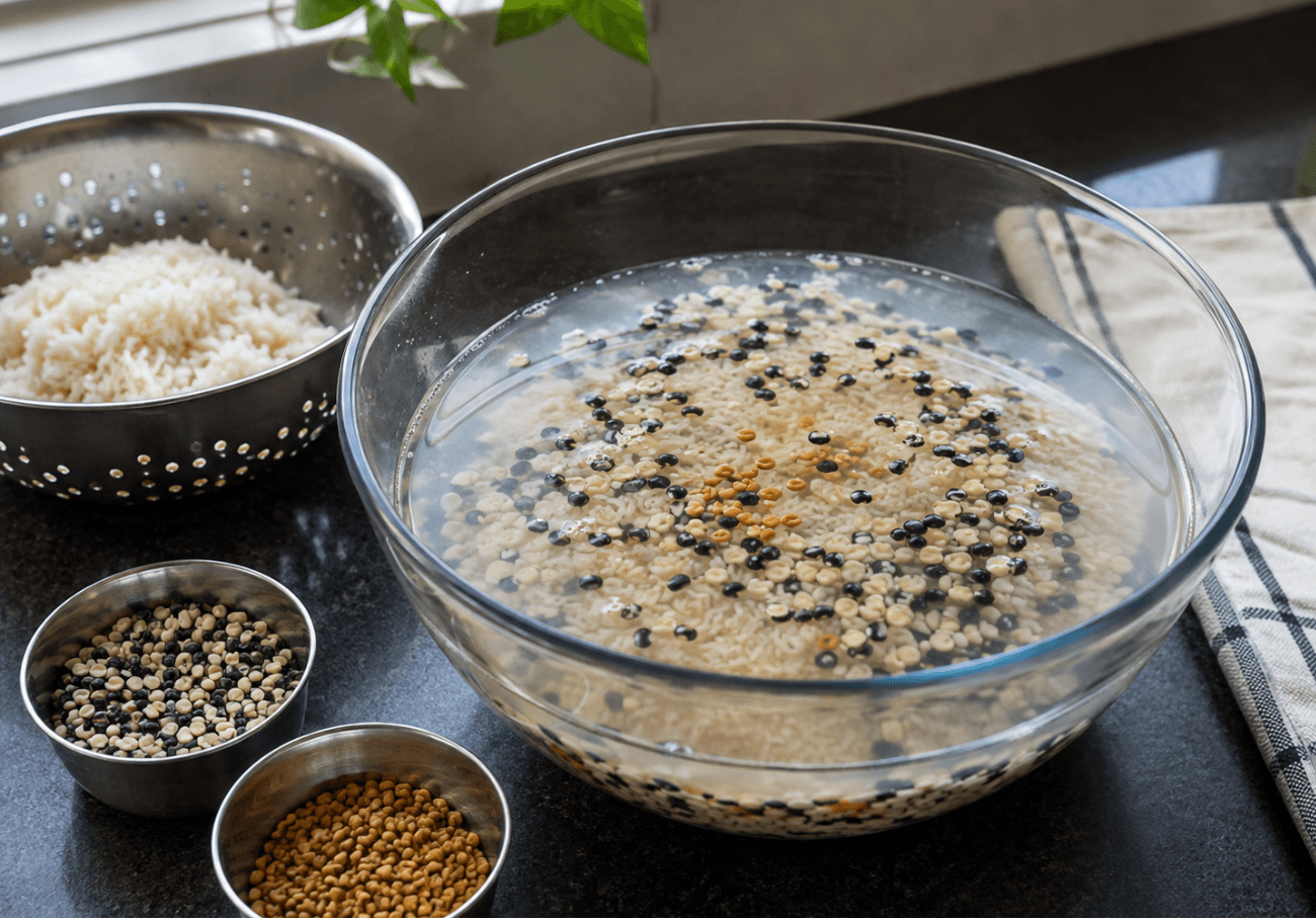 Rice urad dal and fenugreek soaked for South Indian idli recipe