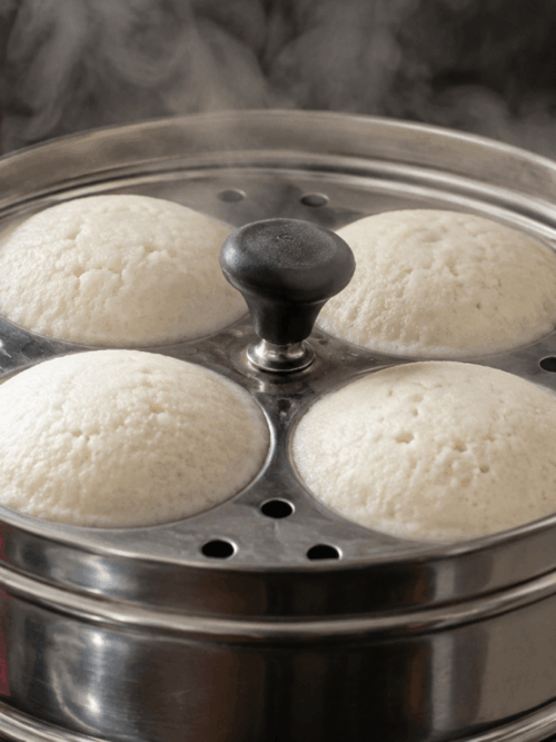 Soft idlis steaming in idli stand for South Indian idli recipe