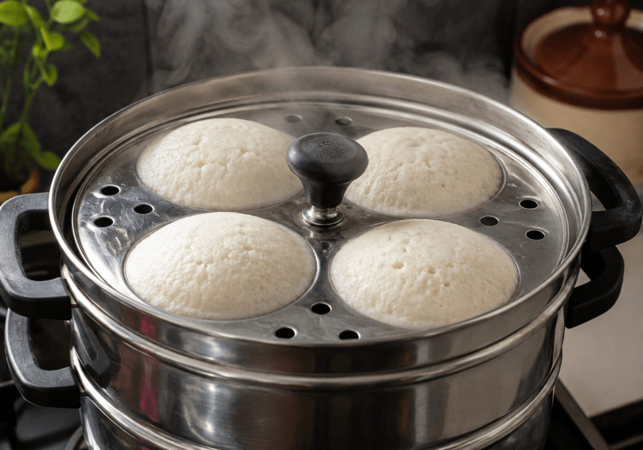 Soft idlis steaming in idli stand for South Indian idli recipe