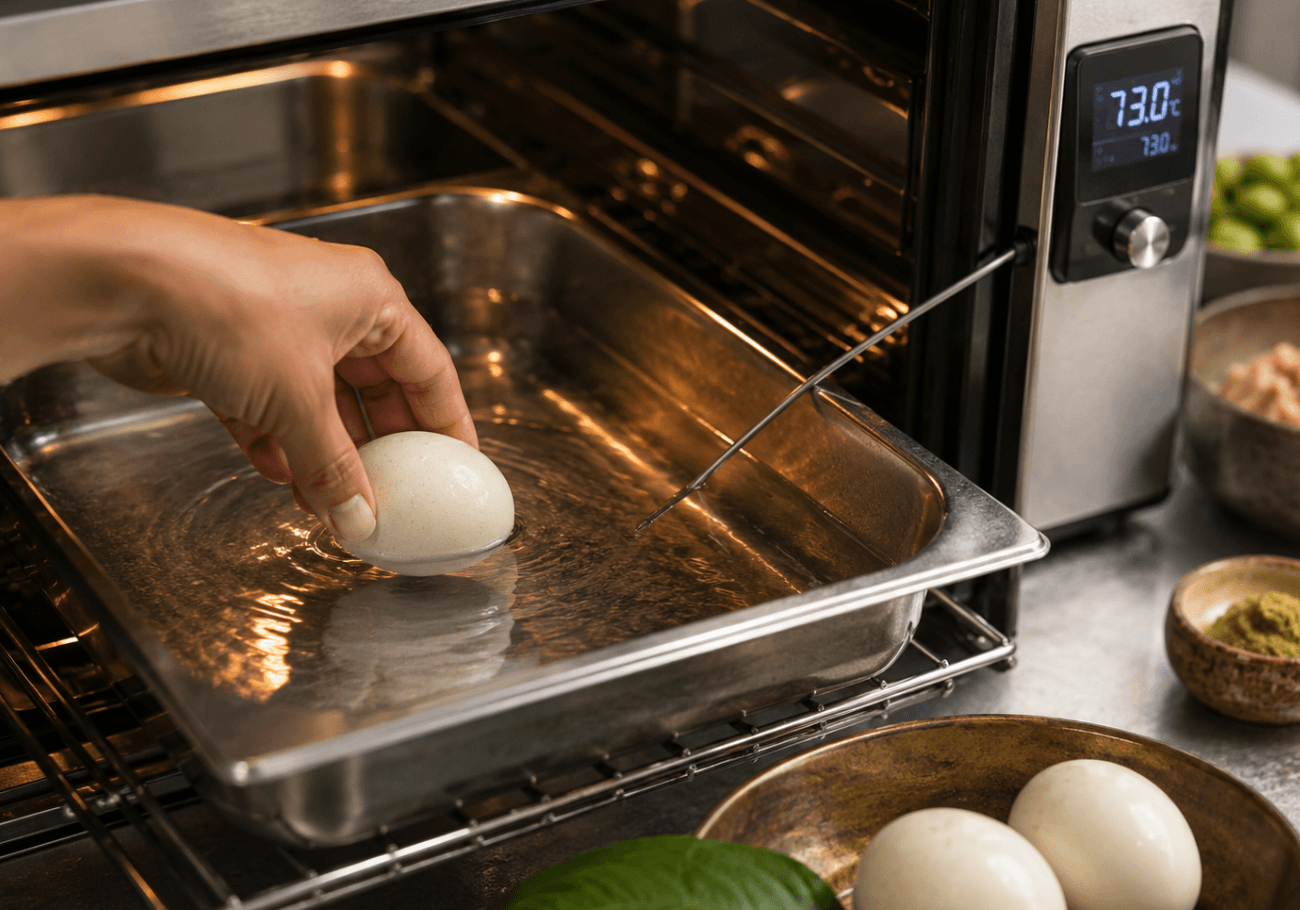 Duck egg cooking at 73°C for sous vide duck egg recipe