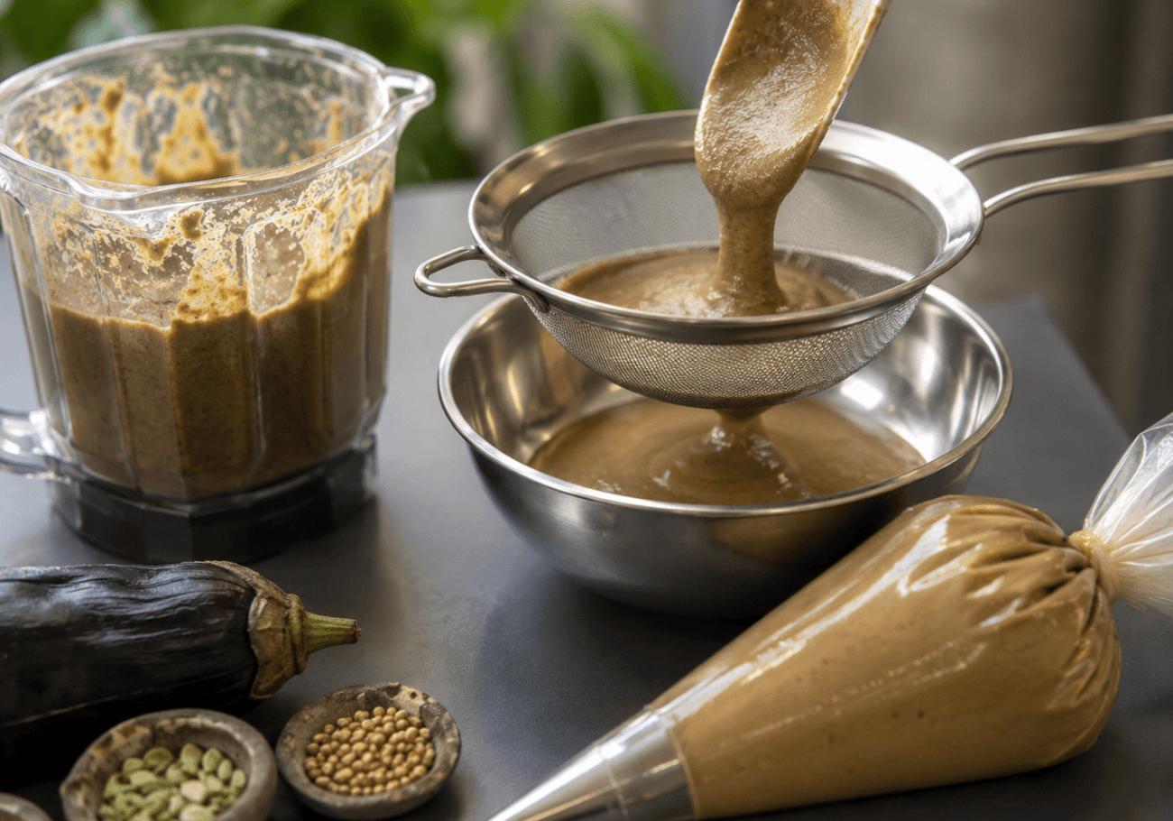 Straining smooth aubergine masala puree for aubergine masala recipe