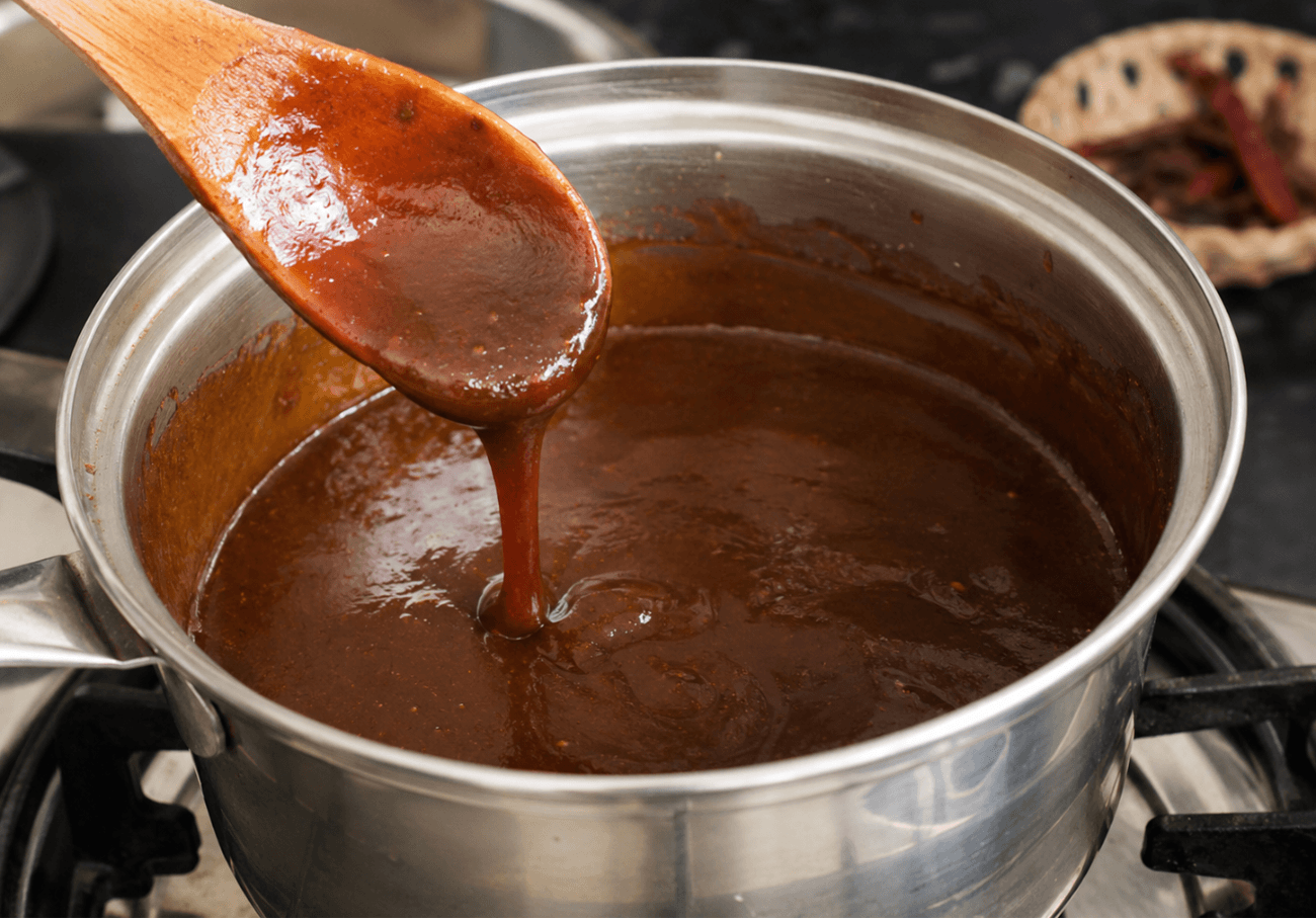 Sweet tamarind chutney reduced to a thick glossy consistency