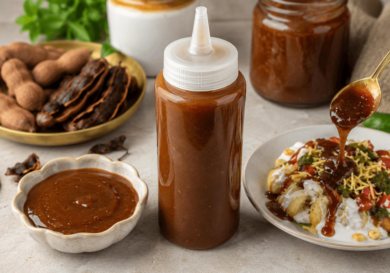 Tamarind chutney for chaat served in a bowl with Indian snacks