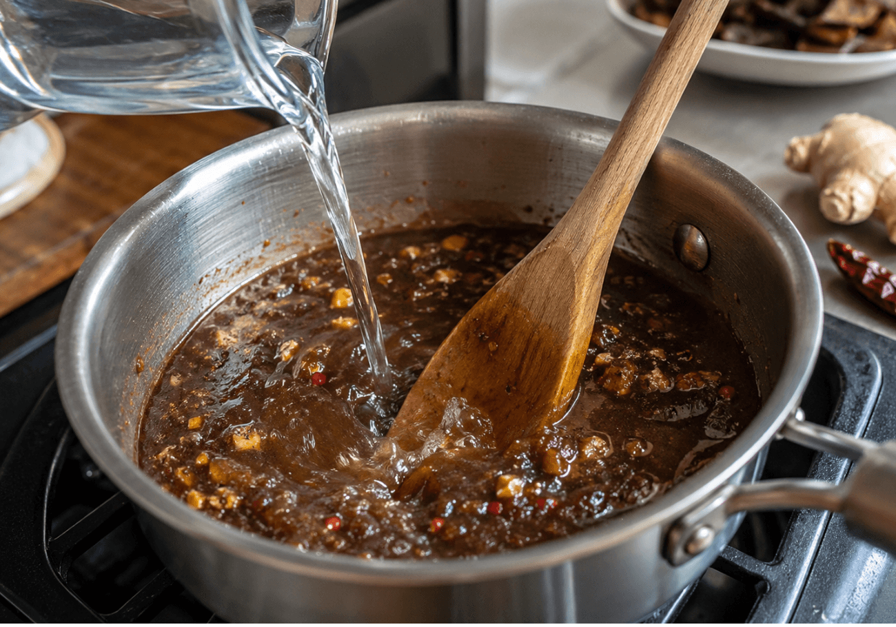 Tamarind chutney recipe simmering with water, ginger and chilli
