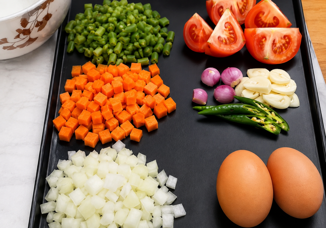 Fresh ingredients for vegetable tikki recipe with carrots beans onion tomato chilli and eggs