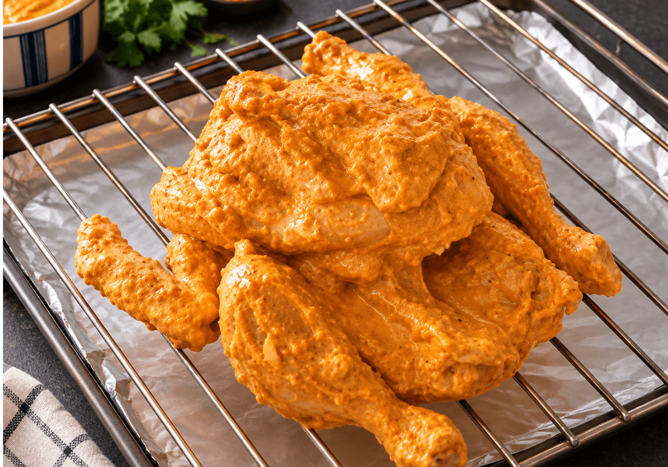 Whole tandoori chicken coated in thick spiced yogurt marinade and placed on a rack before roasting.