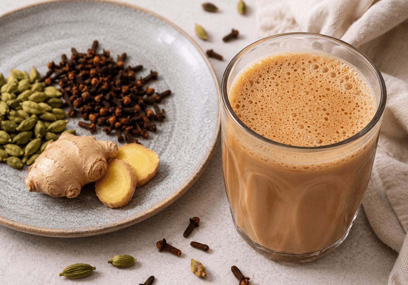 Masala chai recipe served in a glass with ginger, cardamom and cloves