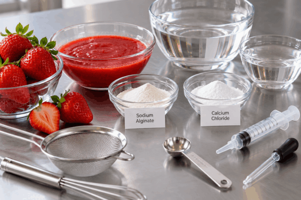 Sodium alginate and calcium chloride ingredients with strawberry purée, glass bowls and molecular cooking equipment.