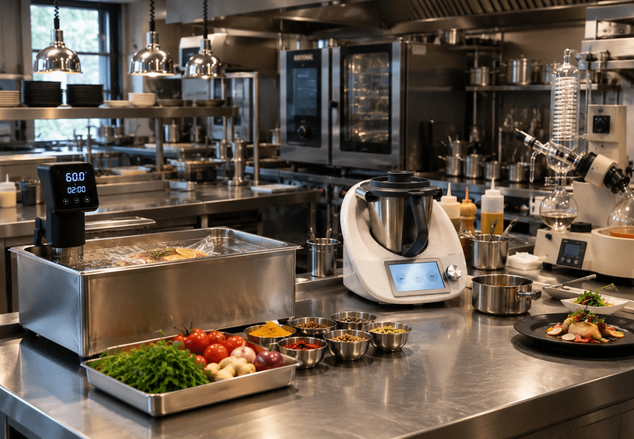 Professional restaurant kitchen featuring modern