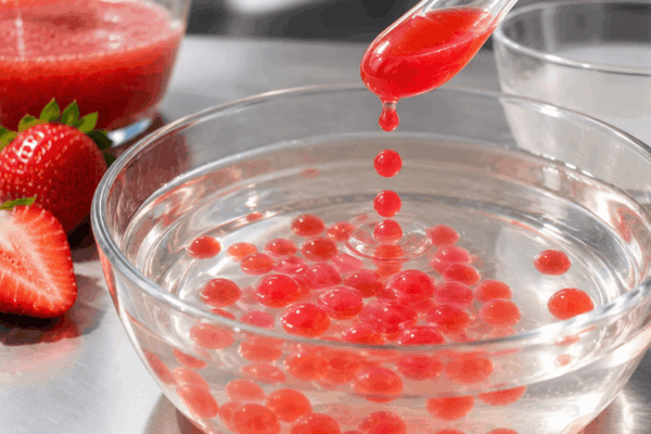 Strawberry spherification using sodium alginate and calcium chloride in molecular cooking.