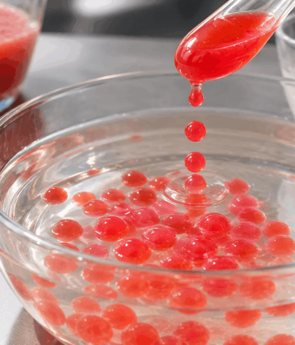 Strawberry Spherification Process Strawberry spherification using sodium alginate and calcium chloride in molecular cooking.